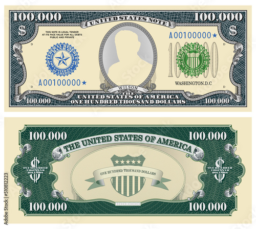 Fictional template obverse and reverse of US paper money. One hundred thousand dollars banknote. Empty oval and guilloche frames. Shield and ribbon. Wilson