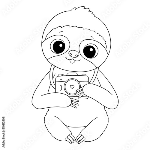 Cute baby sloth with camera summer coloring page