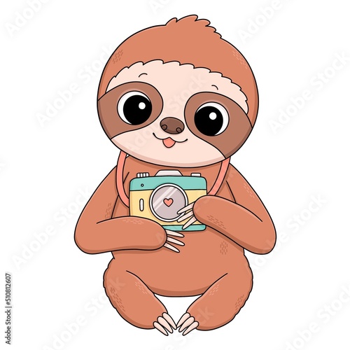 Cute baby sloth with camera summer illustration