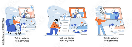 Online medical services mobile application consultation and prescription medicine professional doctor connecting and giving consultation for patient anywhere telemedicine metaphor, health care program