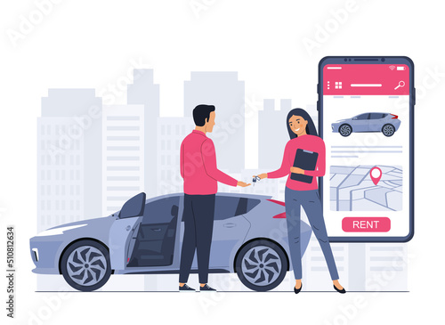 Concept of car rental service via smartphone. Female employee handing over keys to male customer. Vector illustration.