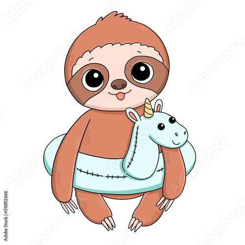 Baby sloth with unicorn rubber ring illustration