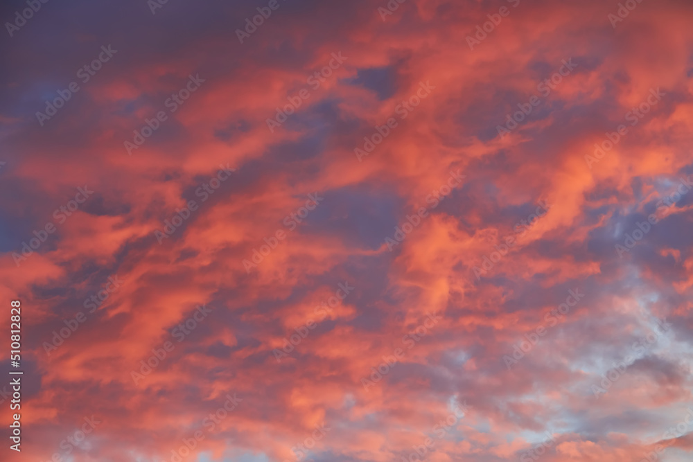 Sunset sky, clouds painted in bright colors over Kyiv