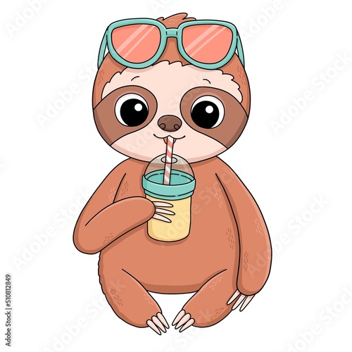 Sloth in sun glasses with smoothie drink summer