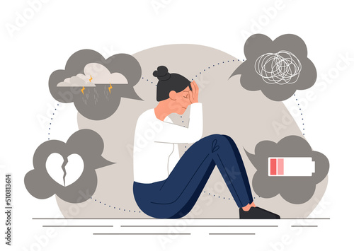 Depressed woman concept. Exhausted girl with low battery, emotional burnout, frustration and depression. Sad character covering head with hands, loneliness. Cartoon flat vector illustration