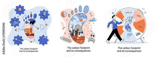 Carbon footprint and consequences metaphor. Causes of climate change on planet. Record high levels of carbon dioxide CO2 in atmosphere. Environmental, ecological problems air and atmosphere pollution © Dmytro