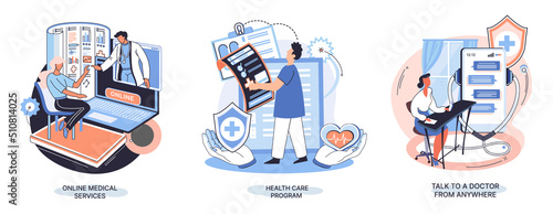 Mobile medicine mhealth online doctor, online medical services, health care program, talk to doctor from anywhere. Smartphone with medical application. Digital health and medical consultation metaphor