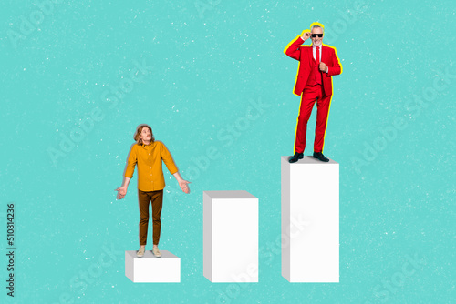 Composite collage picture of two business people successful unsuccessful loser different heights isolated on teal background
