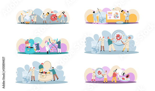 Antivirus vaccine. Scientists conducting scientific researches, laboratory assistants test tubes working in medical lab researchers making chemical experiments test liquids and equipment. Virus in lab