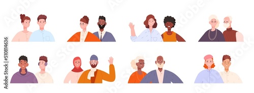 Race boyfriends. Heterosexual and homosexual partners, couples gay or conversation friends, old man adult woman senior pairs, vector illustration