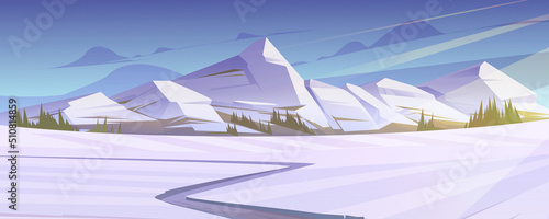 Winter mountains scenery landscape, nature background with trodden path lead to rocks, land covered with snow. Resort, wild park or garden with icy peaks under blue sky, Cartoon vector illustration
