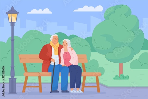 Seniors on bench. Senior couples sitting in park enjoying nature, elder retired couple outdoors, love of grandparents retirement lifestyle old people, swanky vector illustration