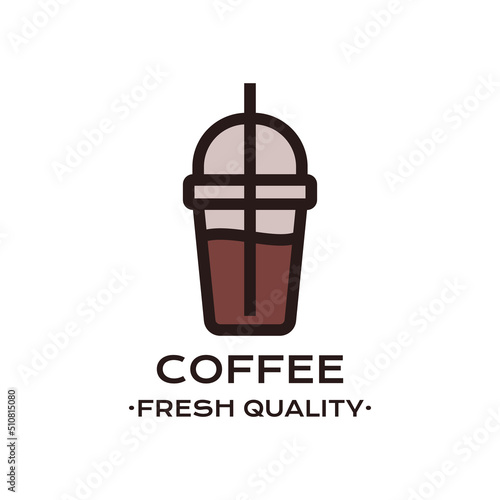 Outline logo of plastic cup with cold coffee and straw