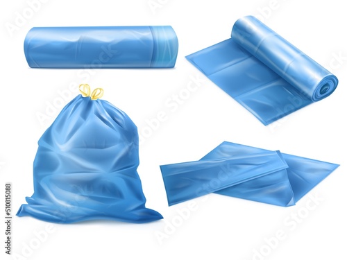 Realistic trash bag. 3D garbage sack for dustbin, mockup plastic waste sacks kitchen refuse bagging polyethylene rolls tie bags filling biodegradable junk