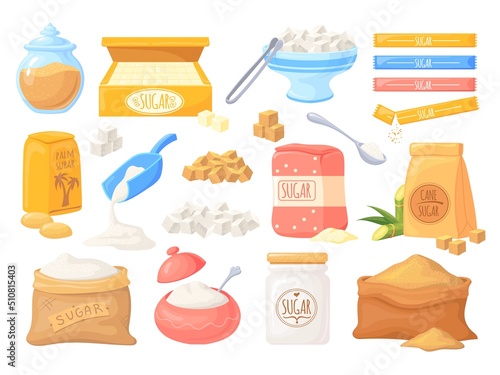 Cartoon sucrose. Sugar spoon and colors packages pouring sugars, box organic sweets block pour powder teaspoon sugared food sweeten flour, granulated cube, neat vector illustration