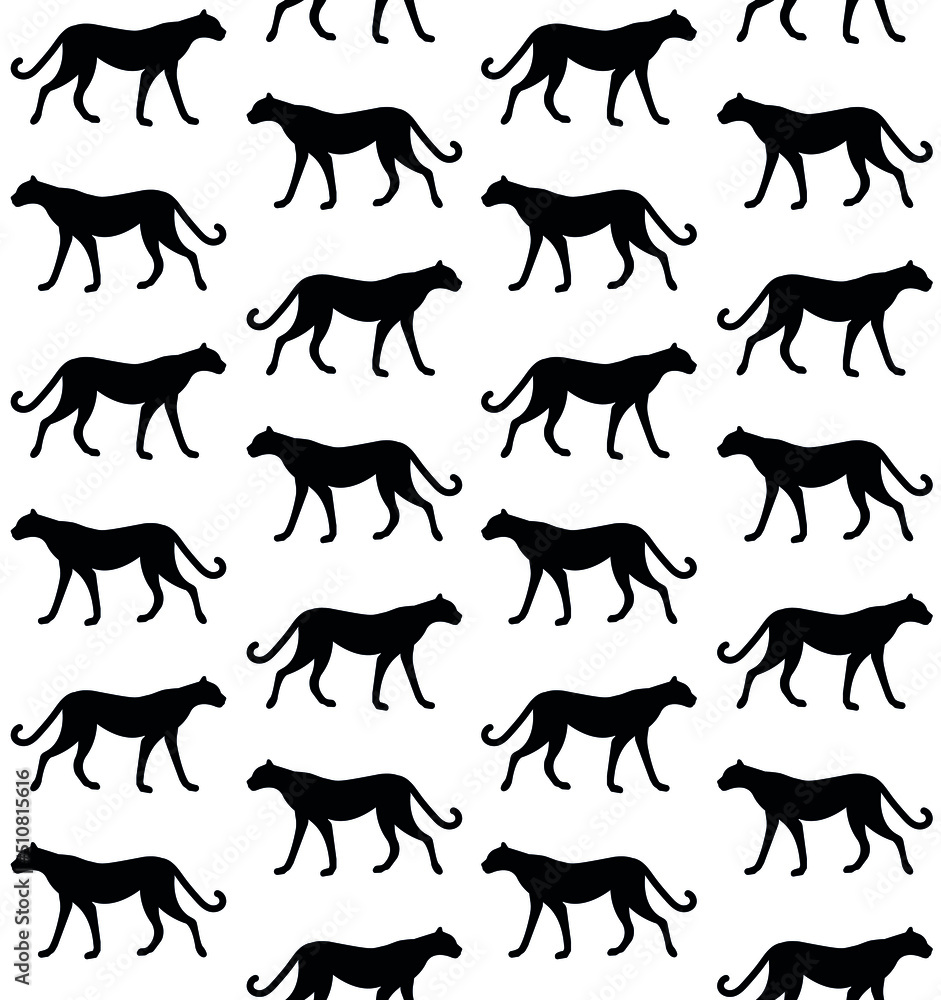 Vector seamless pattern of flat hand drawn cheetah silhouette isolated on white background