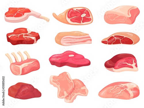 Cartoon rustic meat. Raw animal steaks variety for roast chop barbecue, beef pork ham lamb bacon white fat lard sirloin, rib loin butcher photo