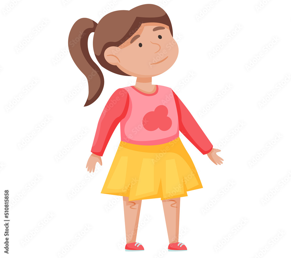Young girl in casual clothing walking and looking up. Cute child looks at something behind her. Vector cartoon female kid alone isolated on white background dressed in pink sweater and yellow skirt Young girl in casual clothing walking and looking up. Cute child looks at something behind her. Vector cartoon female kid alone isolated on white background dressed in pink sweater and yellow skirt