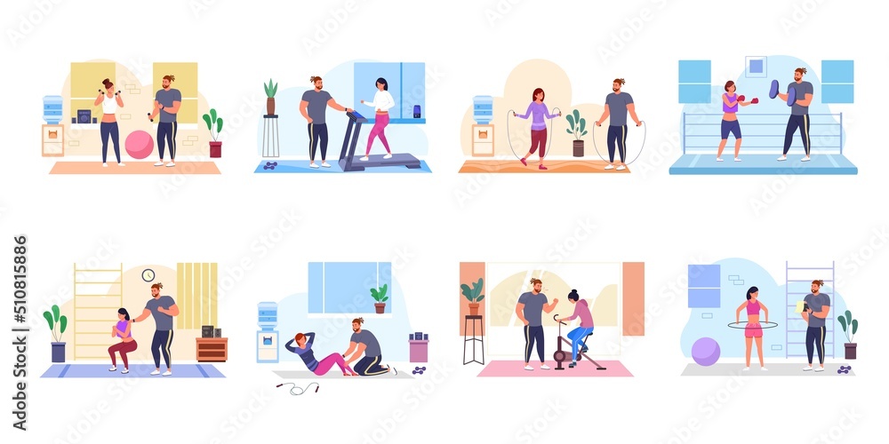 Exercise personal trainer. Workout coach character in fit gym, physical training fitness sport athlete people, health energy woman box trainers, isolated garish vector illustration