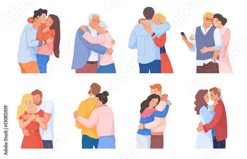 Cuddling couple. Romantic beautiful couples cuddle, love characters woman hug man adult boyfriend, intimacy relationship hugging people reunion friends