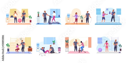 Exercise personal trainer. Workout coach character in fit gym  physical training fitness sport athlete people  health energy woman box trainers  isolated garish vector illustration