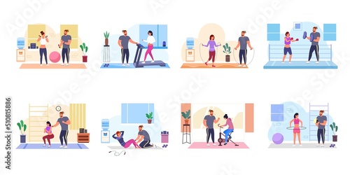 Exercise personal trainer. Workout coach character in fit gym, physical training fitness sport athlete people, health energy woman box trainers, isolated garish vector illustration