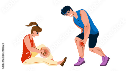 cramp leg vector. man woman pain, muslule injury, foot massage, ache, runner hurt cramp leg character. people flat cartoon illustration