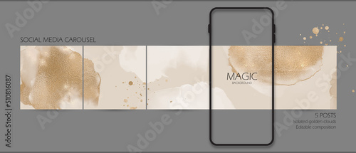 Instagram social media carousel post template. aesthetic luxury watercolor gold glitter background for graduation, wedding, beauty content