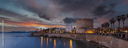 Panoramic view of the ramparts of Alghero, in the foreground the Sulis tower, Sardinia - Italy 