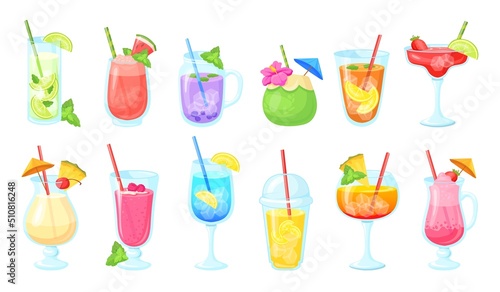 Non alcoholic cocktails. Non-alcoholic cocktail drink in glass, smoothie party mocktail margarita watermelon juice cold tea mojito lemonade bar ice drinks, neat vector illustration