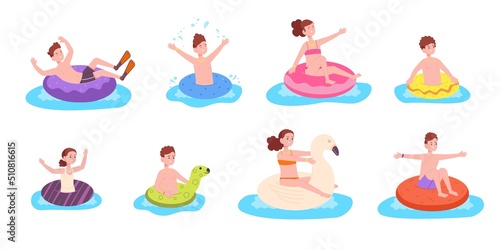 Kids inflatable circle. Children swimming inflatables rubber and flippers in pool swim sea game, floating child sunny resort water circles sport game, splendid vector illustration