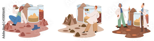 Soil analysis and earth pollution metaphor or structure control. Nutrients microorganism composition research ground layer structure sample. Soil laboratory test. Scientist measuring levels status