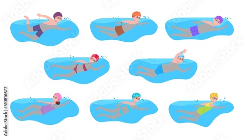 Child swimmers. Cartoon swimmer kid competition, swimming splashing pool water race, children preschool sport healthy swim arm exercise summer river, splendid vector illustration