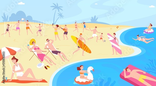 People rests on island beach. Person enjoy sea landscapes ocean horizon, travel summer vacation happy woman in bikini ice cocktail and fun vacationers, splendid vector illustration