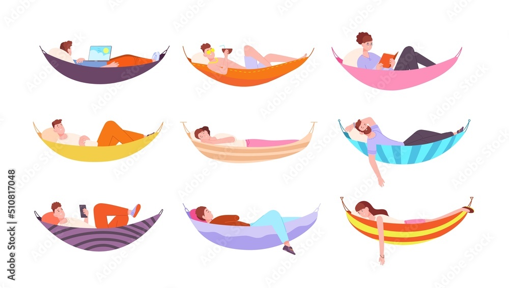 People in hammocks. Man lying relaxing swing hammock, freelancer working laptop reading book home or sea palm beach sleeping resting person fun idyll lifestyle flat splendid vector People in hammocks. Man lying relaxing swing hammock, freelancer working laptop reading book home or sea palm beach sleeping resting person fun idyll lifestyle flat splendid vector