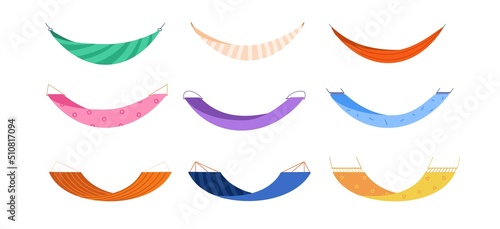 Summer hammocks. Net rope colorful nobody hammock for summer recreation and relaxation on sea beach resort, swing colored model tranquility sleep, set splendid vector illustration