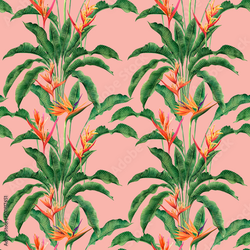 watercolor painting bird of paradise blooming flowers colorful seamless pattern dark background.Watercolor hand drawn green leaves illustration tree tropical exotic leaf for wallpaper textile summer.