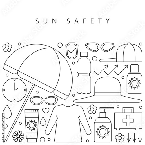 Summer Sun Safety. Umbrella, sunscreen with a sun protection factor, wide-brimmed hat, long-sleeved shirt, sunglasses