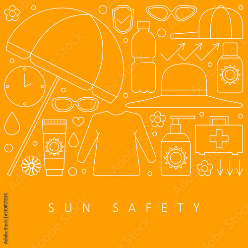Summer Sun Safety. Umbrella, sunscreen with a sun protection factor, wide-brimmed hat, long-sleeved shirt, sunglasses