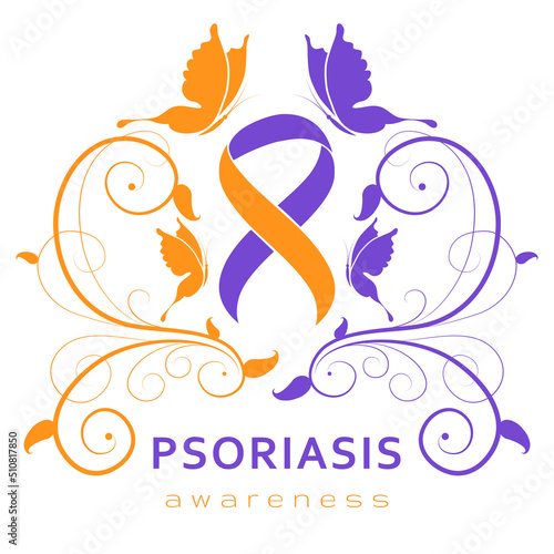 Psoriasis Awareness Month. Psoriasis Action Month. Support, celebration and dedication. Purple and orange ribbon