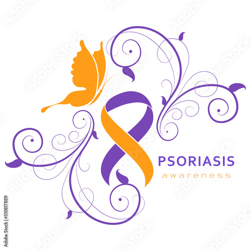 Psoriasis Awareness Month. Psoriasis Action Month. Support, celebration and dedication. Purple and orange ribbon