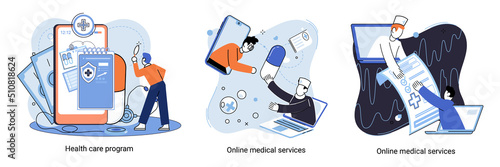 Online medical services mobile application consultation and prescription medicine professional doctor connecting and giving consultation for patient, telemedicine concept metaphor, health care program