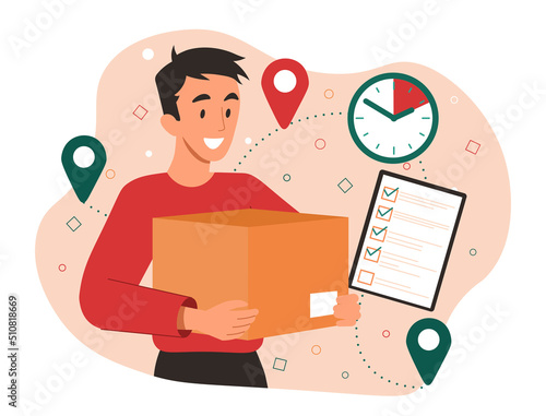 Express delivery concept. Guy with parcel in his hands, courier fulfills order. Online shopping, logistics and transportation. Responsible employee and fast delivery. Cartoon flat vector illustration