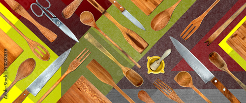 Topview of Set Cooking Utensils on Abstract Background photo