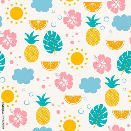 Summer seamless pattern with pineapple, tropical flower, monstera. Vector summer illustration. Cute design for fabric, paper, cover, interior decor and other users.