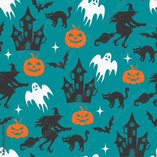 Seamless Halloween pattern. Vector illustration of Halloween party. A gloomy castle, witches, pumpkin and a ghost. Halloween vector cartoon seamless pattern.