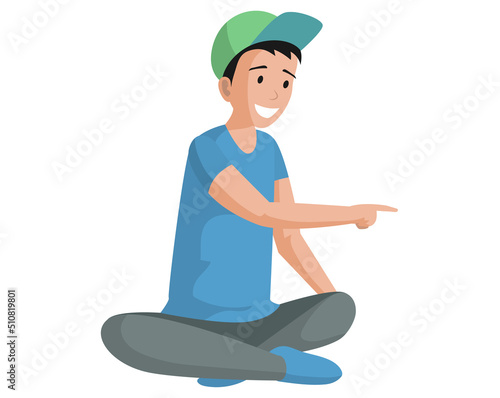 Young guy in cap sits and smiles. Cartoon character looking ang pointing at something. Excited child demonstrating with index finger. Funny boy sitting with outstretched hand vector illustration