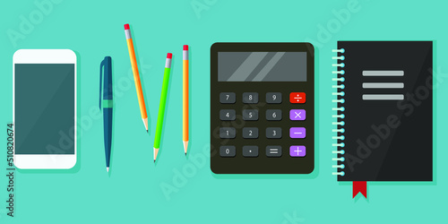 Desktop table with objects illustration, clean table with office items, pen, pencil, notebook, coffee cup and mobile phone in perfectionist workplace image
