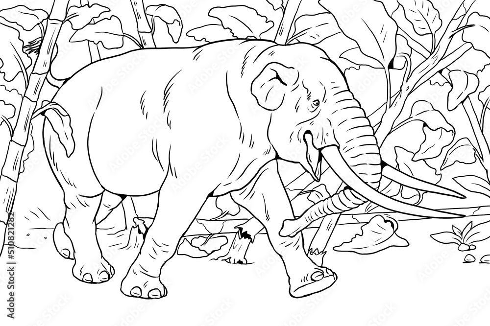 Prehistoric animals. Illustration with extinct Elephant - Mastodon. Silhouette drawing for coloring book.