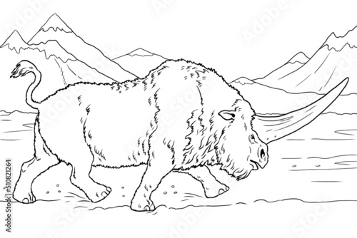 Prehistoric rhino elasmotherium. Drawing with extinct mammals. Silhouette drawing for coloring book. photo